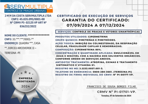 Certificado de Controle de Pragas Servmultipla