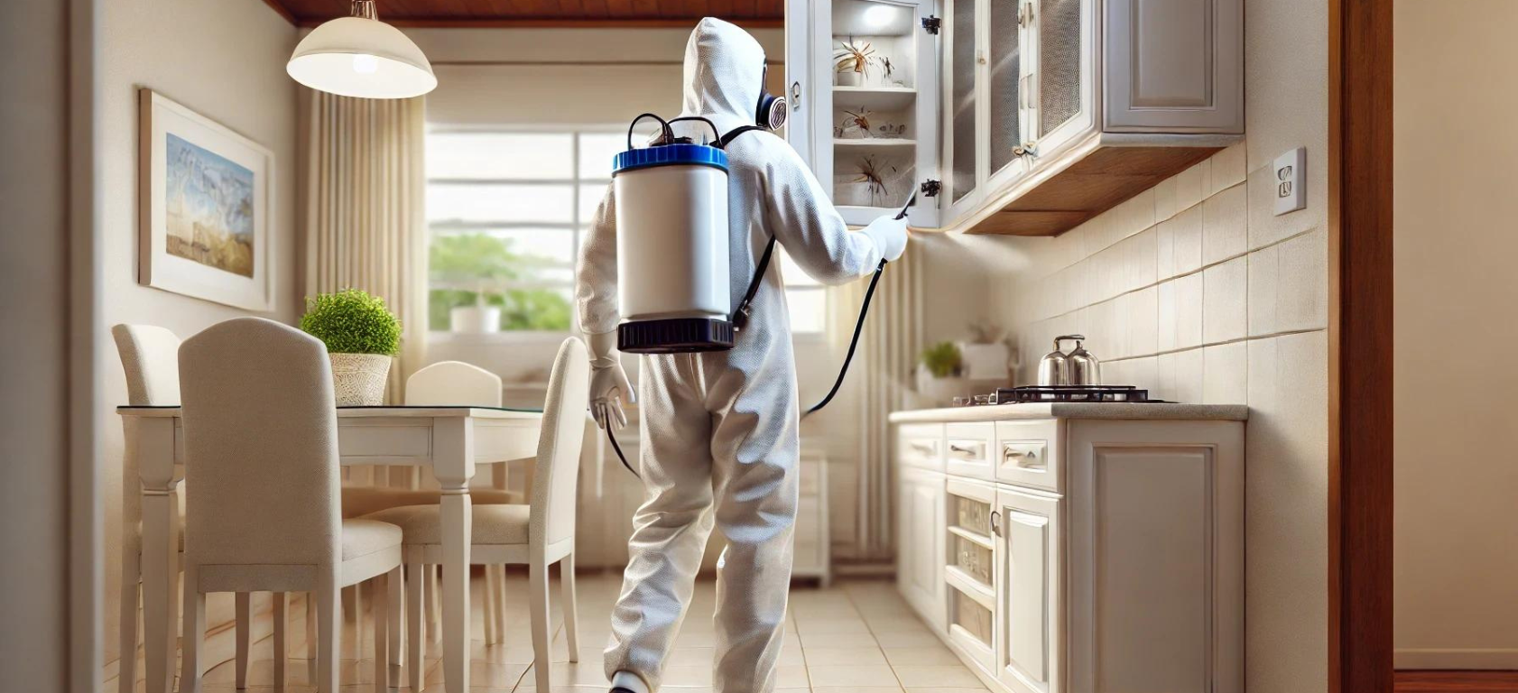 Técnico da Servmultipla realizando dedetização em cozinha